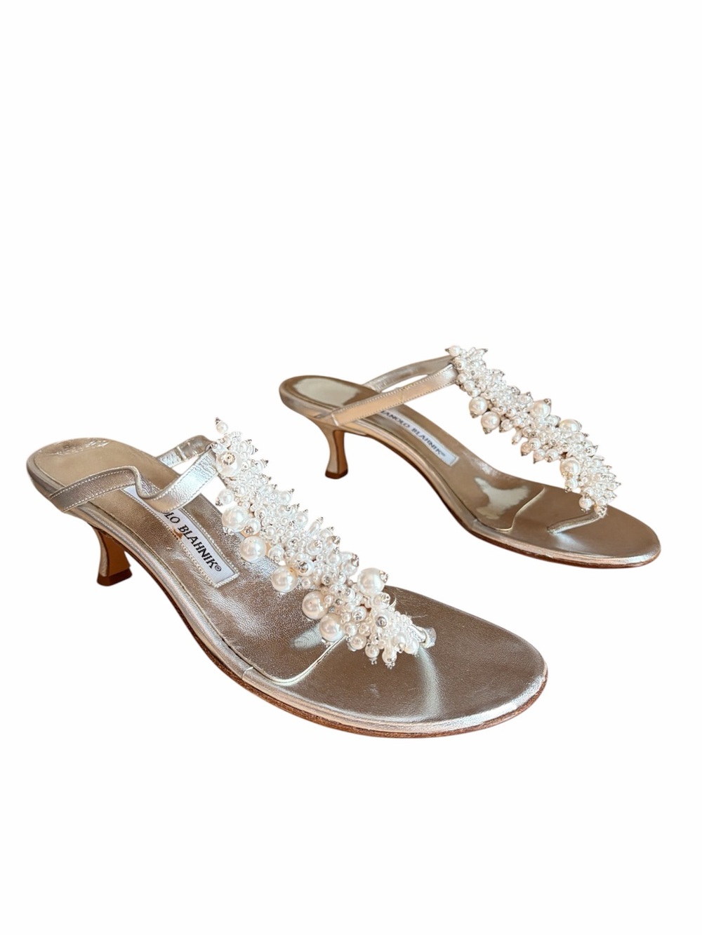 Manolo Blahnik Pearl-Embellished silver Kitten-Heel Sandals Y2K